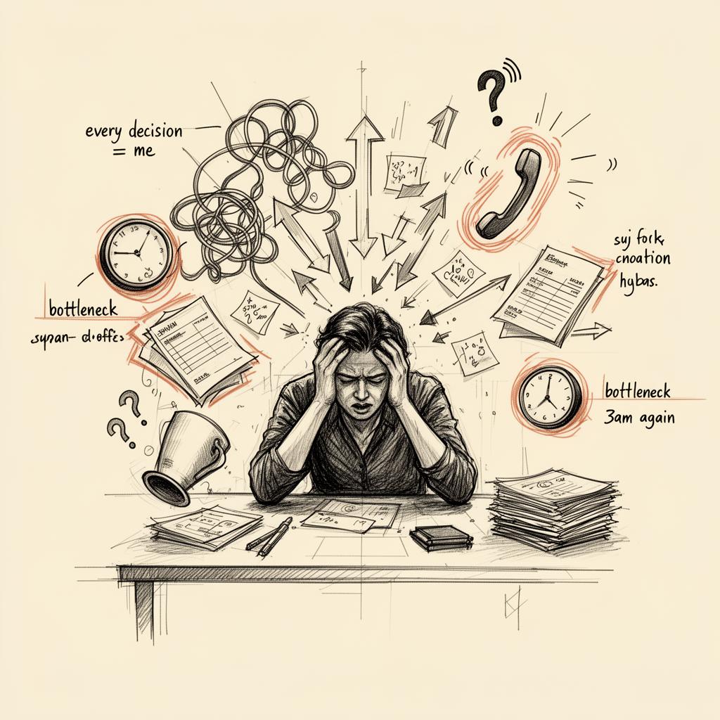 Hand-drawn sketch of an overwhelmed owner at a workshop desk surrounded by tangled arrows, sticky notes, a ringing phone, invoices, a clock, and handwritten notes reading 'every decision = me', 'bottleneck', '3am again'.