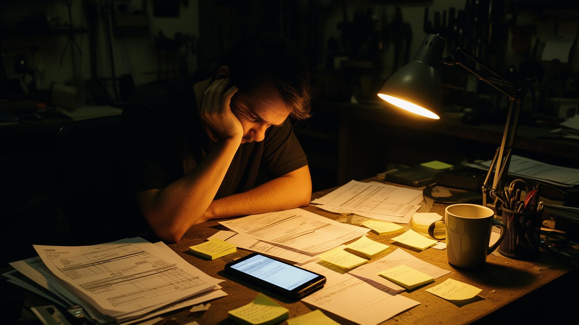 A small business owner sits overwhelmed at a cluttered workbench, head in hands, surrounded by invoices and a glowing phone.